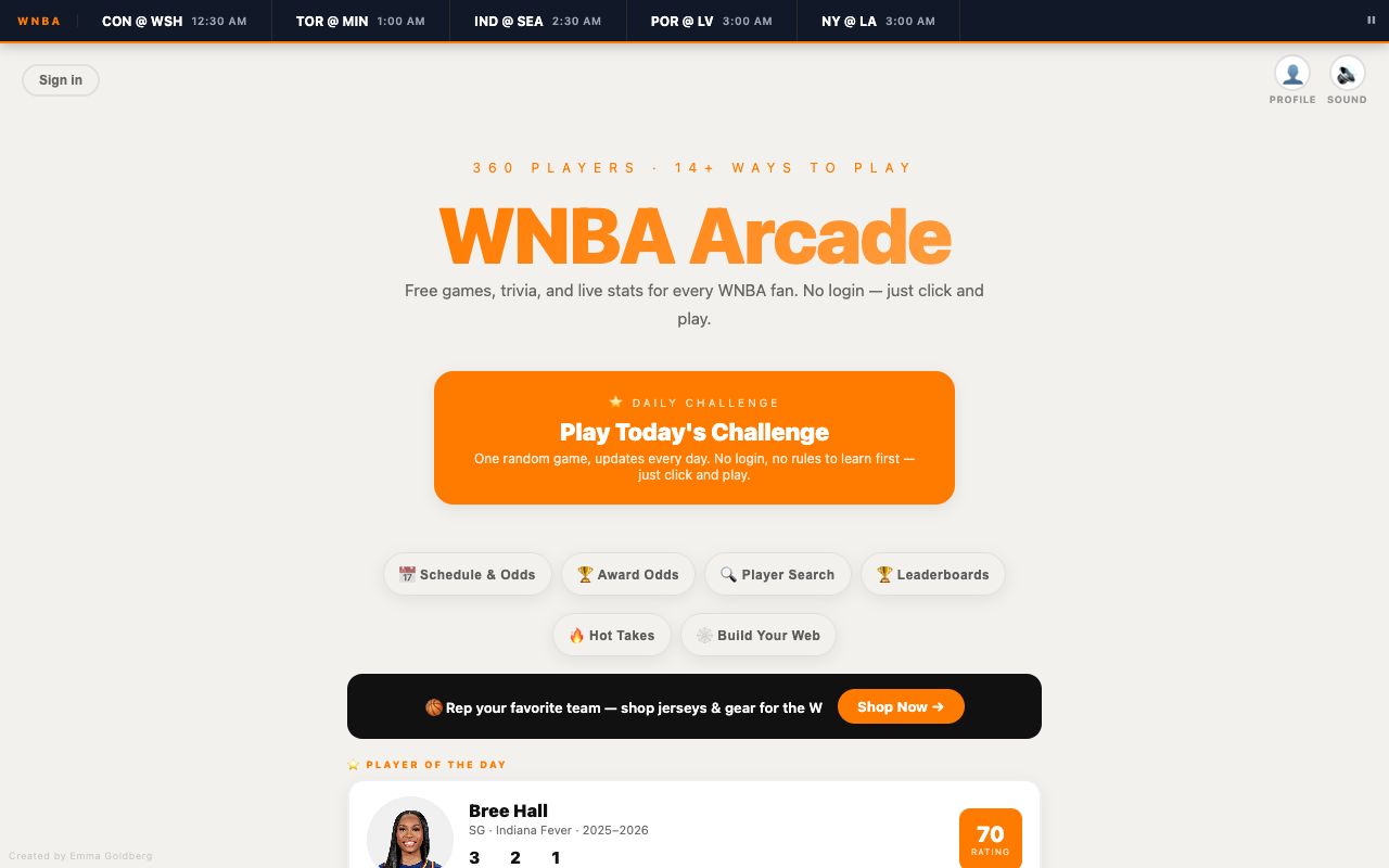 Wnba Arcade landing page