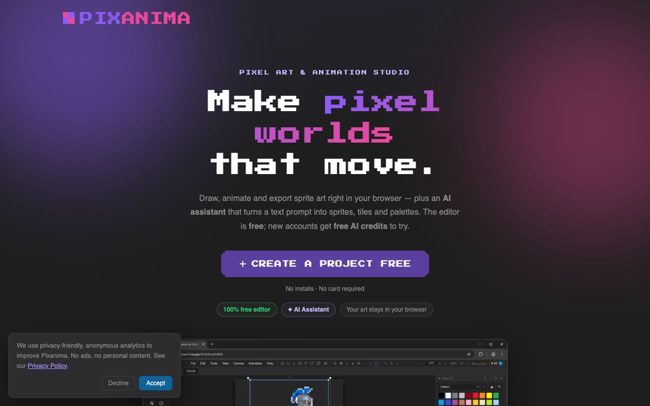 Pixanima landing page