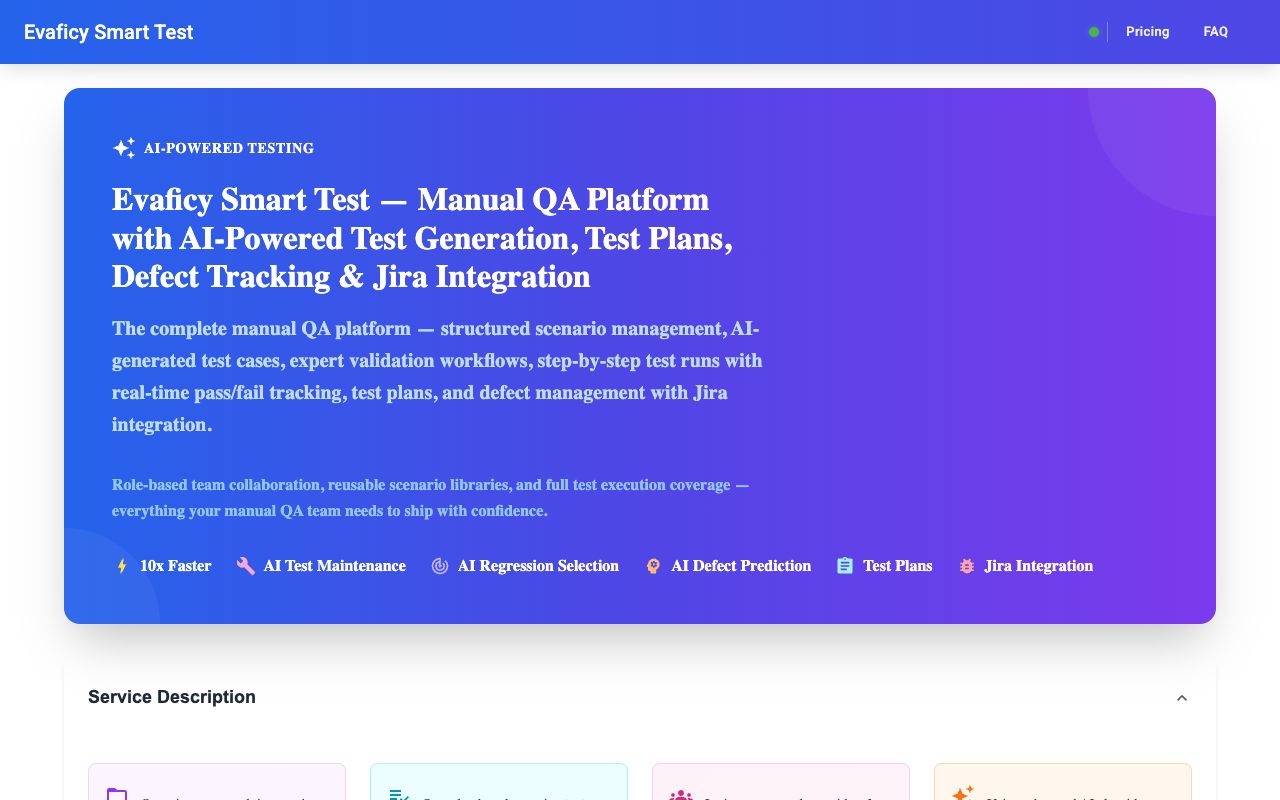 Evaficy Smart Test landing page